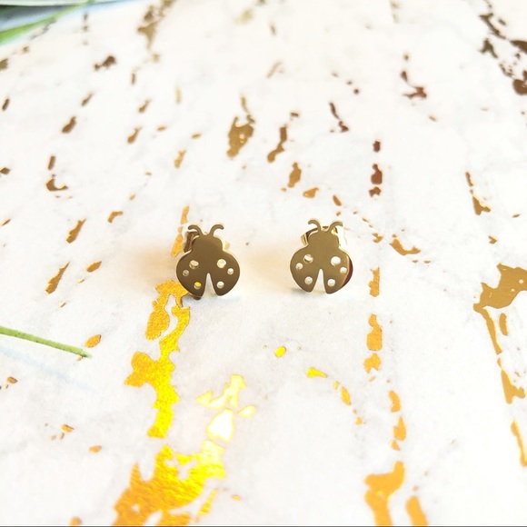 Minimalist Stainless Steel Cute Gold Studs Earrings Natural Ladybug Earrings - Picture 3 of 5
